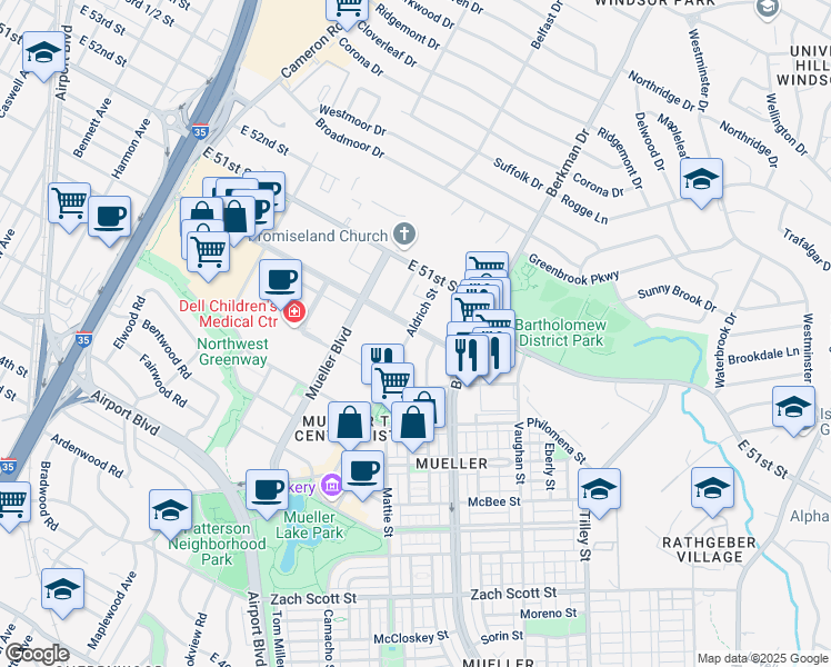 map of restaurants, bars, coffee shops, grocery stores, and more near 2401 Aldrich Street in Austin