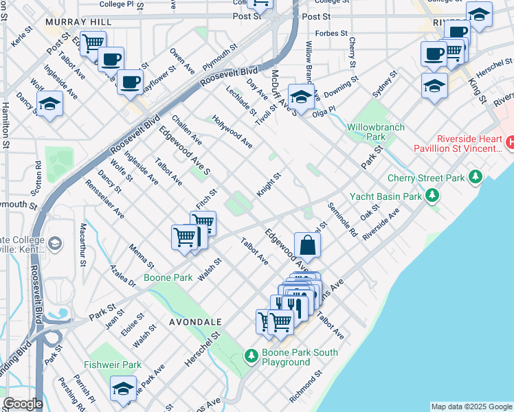 map of restaurants, bars, coffee shops, grocery stores, and more near 1475 Edgewood Circle in Jacksonville