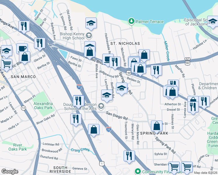 map of restaurants, bars, coffee shops, grocery stores, and more near 2215 Larchmont Road in Jacksonville
