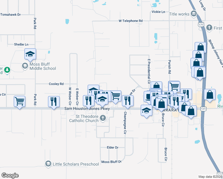 map of restaurants, bars, coffee shops, grocery stores, and more near 137 Farquar Lane in Lake Charles