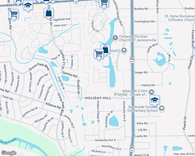 map of restaurants, bars, coffee shops, grocery stores, and more near 8856 Grassy Bluff Drive in Jacksonville