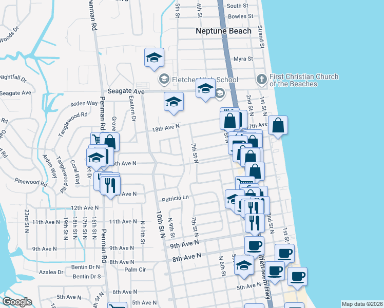 map of restaurants, bars, coffee shops, grocery stores, and more near 1620 7th Street North in Jacksonville Beach