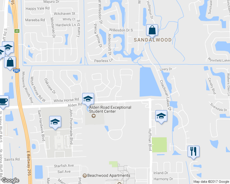 map of restaurants, bars, coffee shops, grocery stores, and more near 2526 Alden Trace Boulevard West in Jacksonville