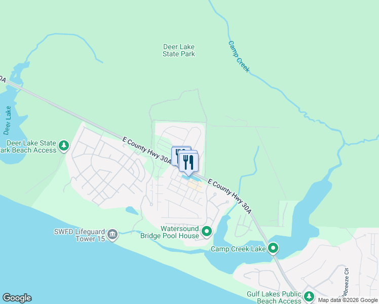 map of restaurants, bars, coffee shops, grocery stores, and more near 11 Pine Lands Loop East in Santa Rosa Beach