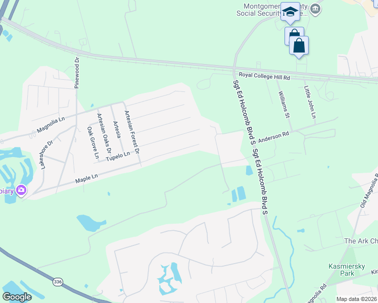 map of restaurants, bars, coffee shops, grocery stores, and more near 215 Maple Lane in Conroe