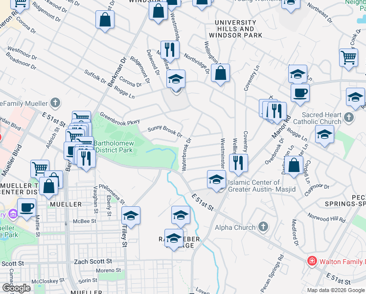 map of restaurants, bars, coffee shops, grocery stores, and more near 2017 Singing Brook in Austin