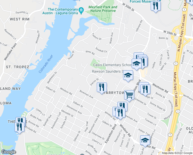 map of restaurants, bars, coffee shops, grocery stores, and more near 3301 Greenlee Drive in Austin
