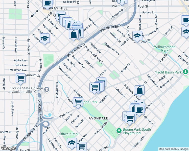 map of restaurants, bars, coffee shops, grocery stores, and more near 1377 Ingleside Avenue in Jacksonville