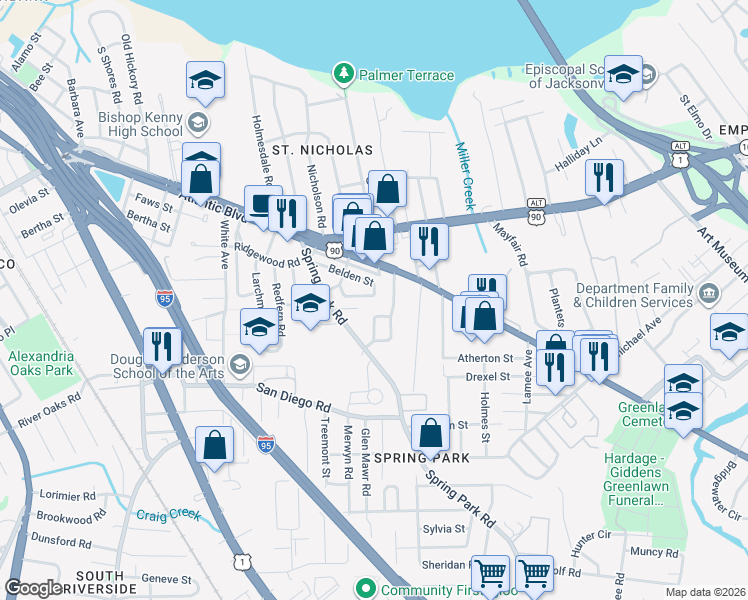 map of restaurants, bars, coffee shops, grocery stores, and more near 3168 Belden Circle in Jacksonville