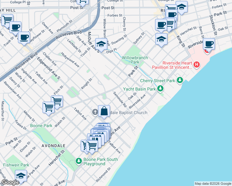 map of restaurants, bars, coffee shops, grocery stores, and more near 1516 Seminole Road in Jacksonville