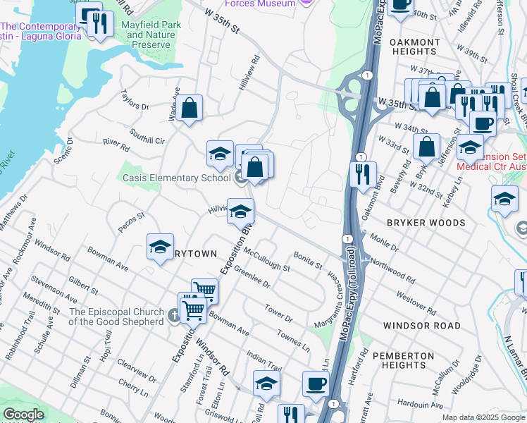 map of restaurants, bars, coffee shops, grocery stores, and more near 2610 Westover Road in Austin