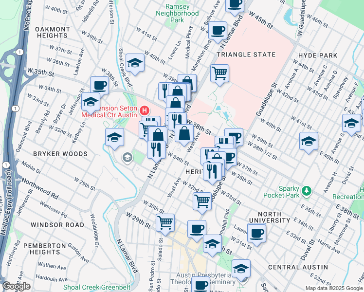 map of restaurants, bars, coffee shops, grocery stores, and more near 3503 Owen Avenue in Austin