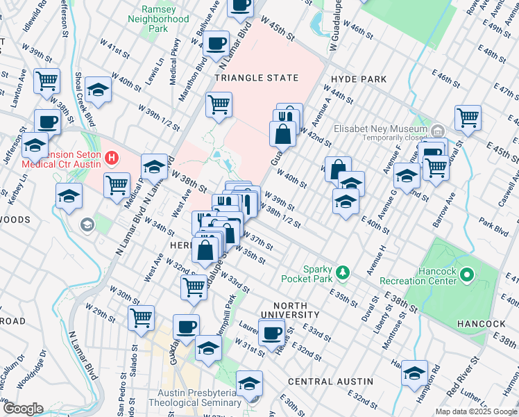 map of restaurants, bars, coffee shops, grocery stores, and more near 3815 Guadalupe Street in Austin
