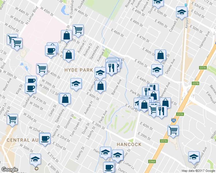 map of restaurants, bars, coffee shops, grocery stores, and more near Duval St & E 42nd St in Austin