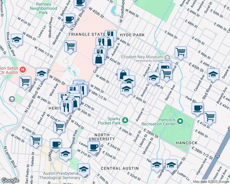 map of restaurants, bars, coffee shops, grocery stores, and more near 3906 Avenue D in Austin