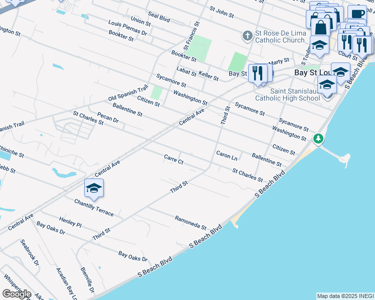 map of restaurants, bars, coffee shops, grocery stores, and more near 219 Saint Charles Street in Bay St. Louis