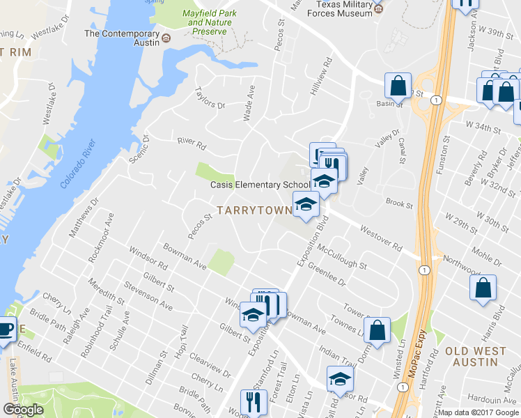map of restaurants, bars, coffee shops, grocery stores, and more near 3215 Tarryhollow Dr in Austin