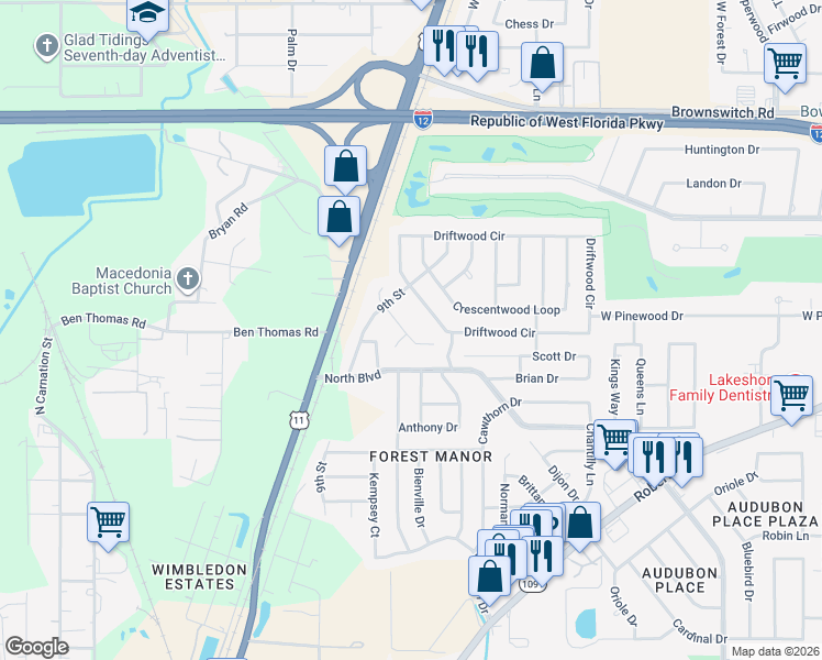map of restaurants, bars, coffee shops, grocery stores, and more near 340 Mapleleaf Drive in Slidell