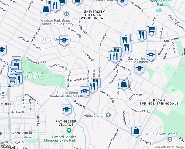 map of restaurants, bars, coffee shops, grocery stores, and more near 5322 Wellington Drive in Austin