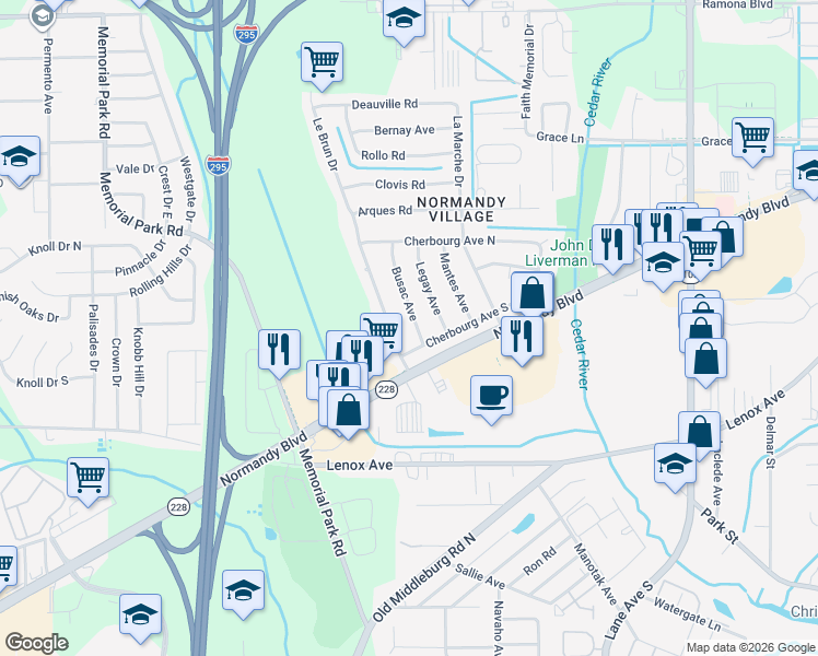 map of restaurants, bars, coffee shops, grocery stores, and more near 1138 Busac Avenue in Jacksonville