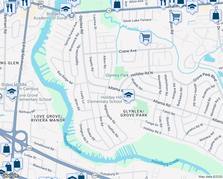 map of restaurants, bars, coffee shops, grocery stores, and more near 719 Nightingale Road in Jacksonville