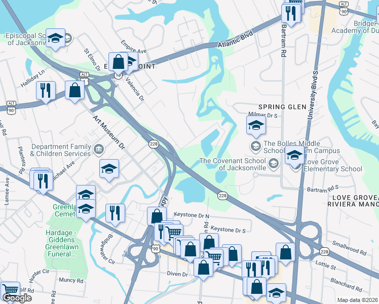 map of restaurants, bars, coffee shops, grocery stores, and more near 5010 Thorden Road in Jacksonville