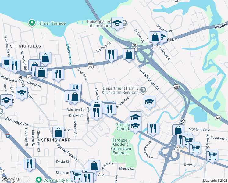 map of restaurants, bars, coffee shops, grocery stores, and more near 1832 Arletha Road in Jacksonville