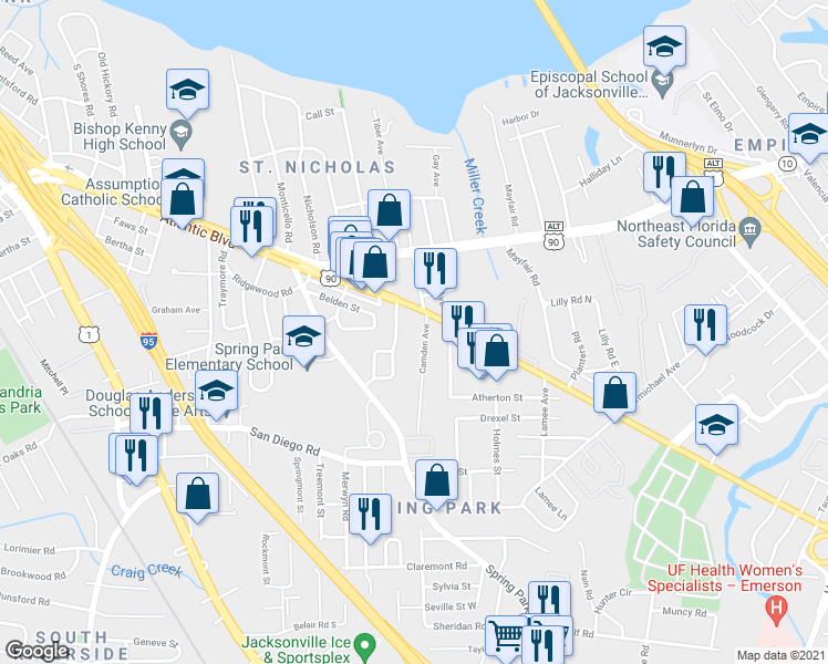 map of restaurants, bars, coffee shops, grocery stores, and more near 2028 Camden Avenue in Jacksonville