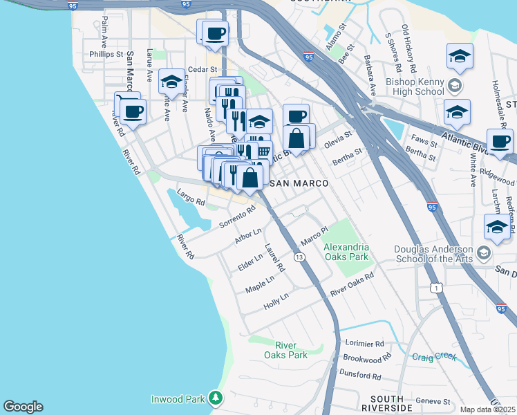 map of restaurants, bars, coffee shops, grocery stores, and more near 2130 San Marco Boulevard in Jacksonville