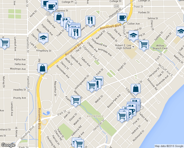 map of restaurants, bars, coffee shops, grocery stores, and more near 1377 Ingleside Avenue in Jacksonville