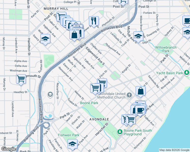 map of restaurants, bars, coffee shops, grocery stores, and more near 1377 Ingleside Avenue in Jacksonville