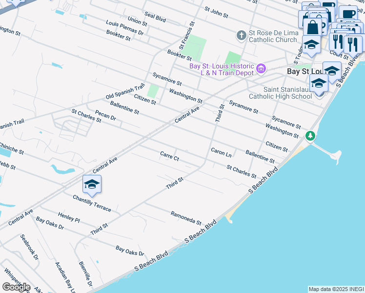 map of restaurants, bars, coffee shops, grocery stores, and more near 219-227 St Charles St in Bay St. Louis