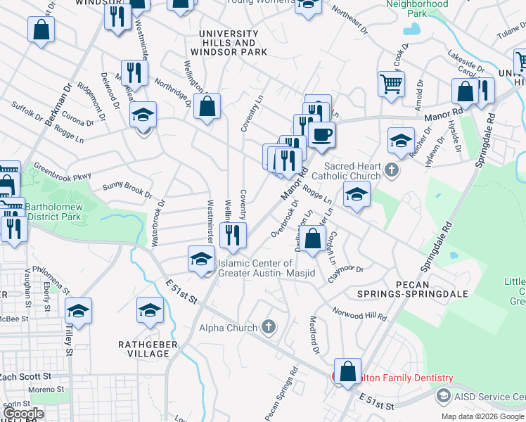 map of restaurants, bars, coffee shops, grocery stores, and more near 5507 Manor Road in Austin