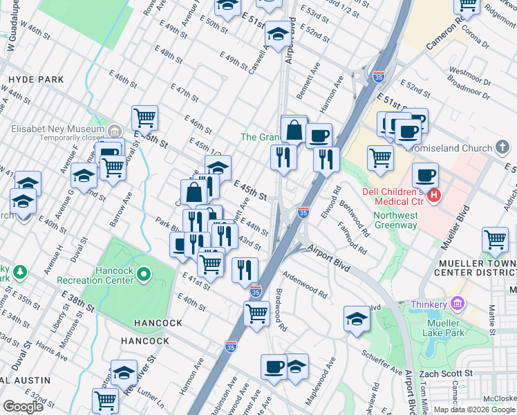map of restaurants, bars, coffee shops, grocery stores, and more near 1020 Ellingson Lane in Austin