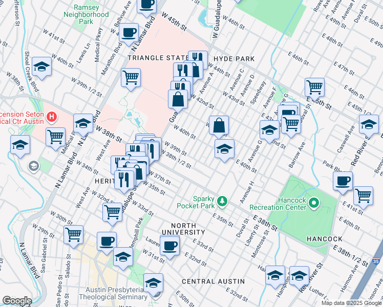 map of restaurants, bars, coffee shops, grocery stores, and more near 3905 Avenue C in Austin