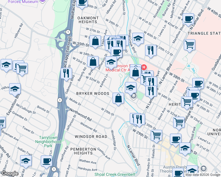 map of restaurants, bars, coffee shops, grocery stores, and more near 1515 West 32nd Street in Austin