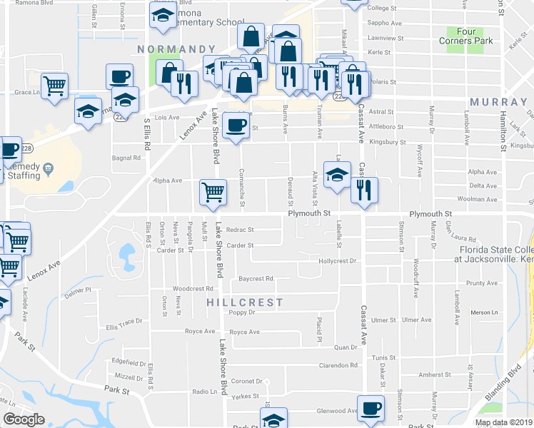 map of restaurants, bars, coffee shops, grocery stores, and more near Plymouth St & Mohawk St in Jacksonville