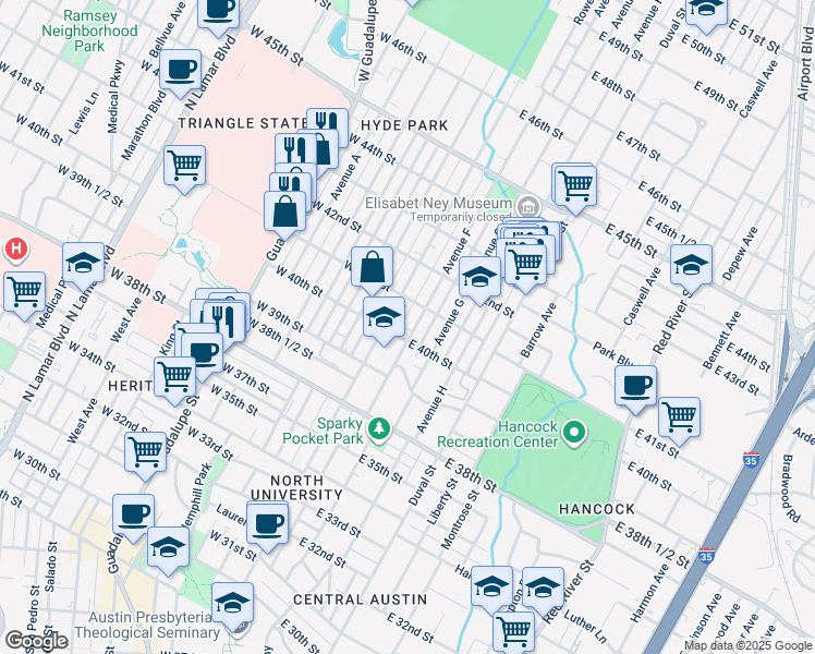 map of restaurants, bars, coffee shops, grocery stores, and more near 4002 Avenue F in Austin