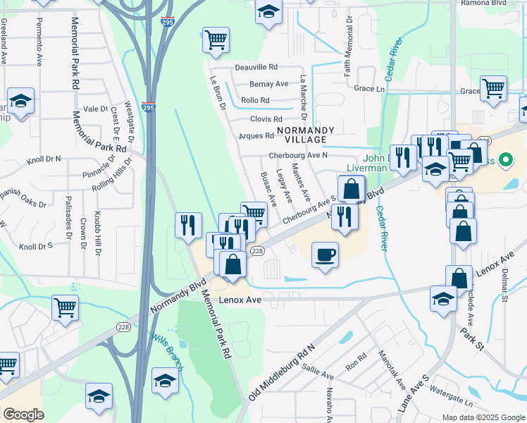 map of restaurants, bars, coffee shops, grocery stores, and more near 1155 Le Brun Dr in Jacksonville