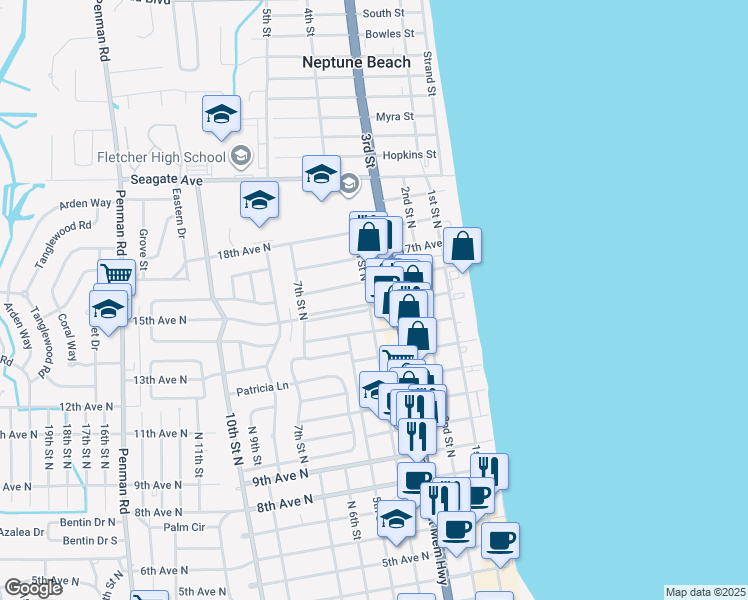map of restaurants, bars, coffee shops, grocery stores, and more near 1605 4th Street North in Jacksonville Beach