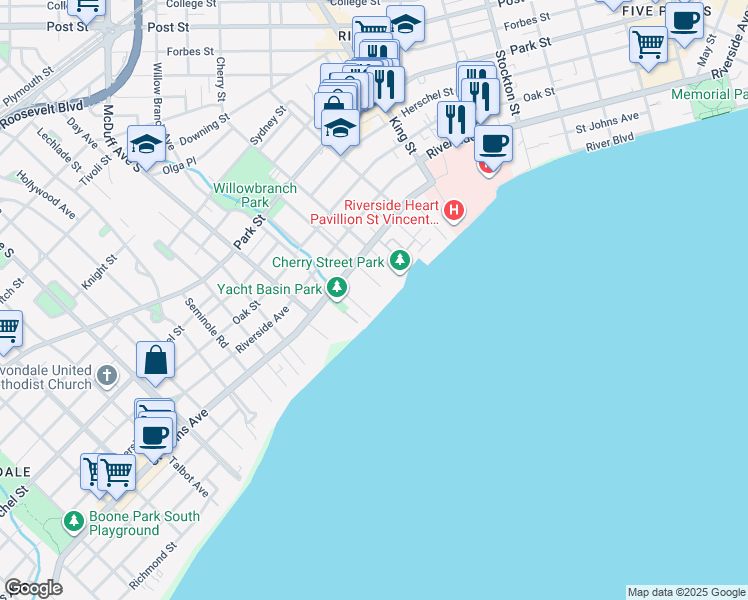 map of restaurants, bars, coffee shops, grocery stores, and more near 1833 Willow Branch Terrace in Jacksonville