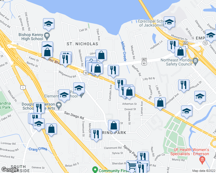 map of restaurants, bars, coffee shops, grocery stores, and more near 2028 Camden Ave in Jacksonville