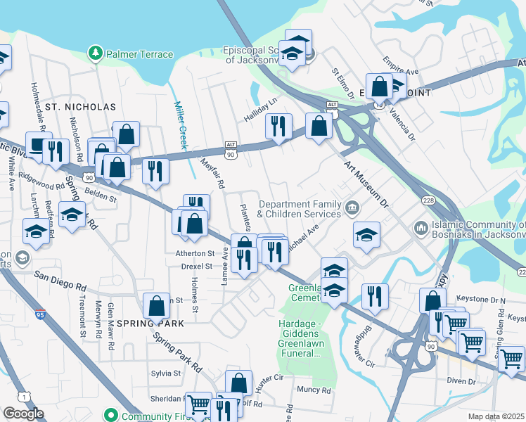 map of restaurants, bars, coffee shops, grocery stores, and more near 1749 Lilly Road East in Jacksonville