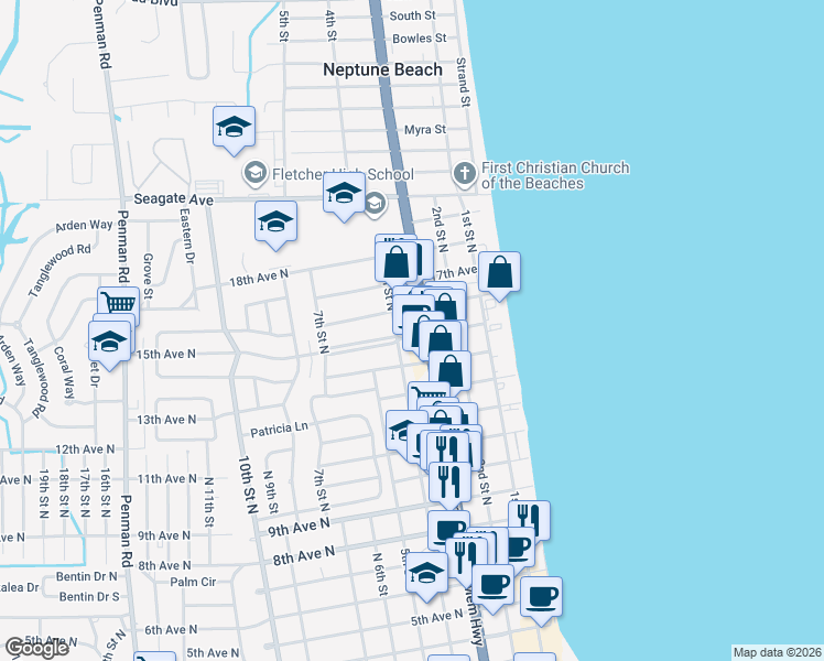 map of restaurants, bars, coffee shops, grocery stores, and more near 1605 4th Street North in Jacksonville Beach