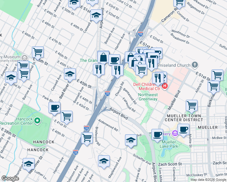 map of restaurants, bars, coffee shops, grocery stores, and more near 4510 Elwood Road in Austin