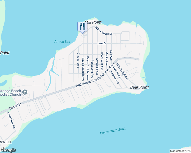 map of restaurants, bars, coffee shops, grocery stores, and more near 5325 Armadillo Avenue in Orange Beach