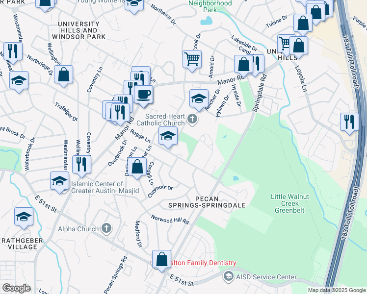map of restaurants, bars, coffee shops, grocery stores, and more near 3100 Rogge Lane in Austin