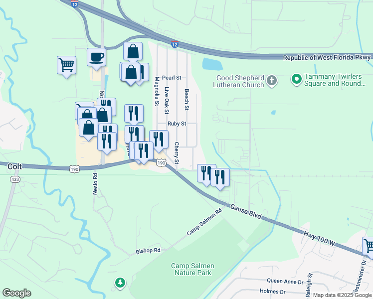map of restaurants, bars, coffee shops, grocery stores, and more near 104-106 Emerald Street in Slidell
