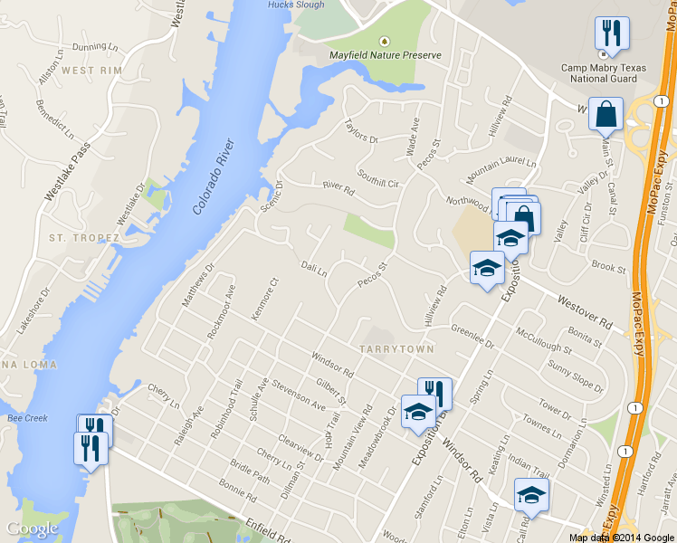 map of restaurants, bars, coffee shops, grocery stores, and more near 2527 Tanglewood Trail in Austin