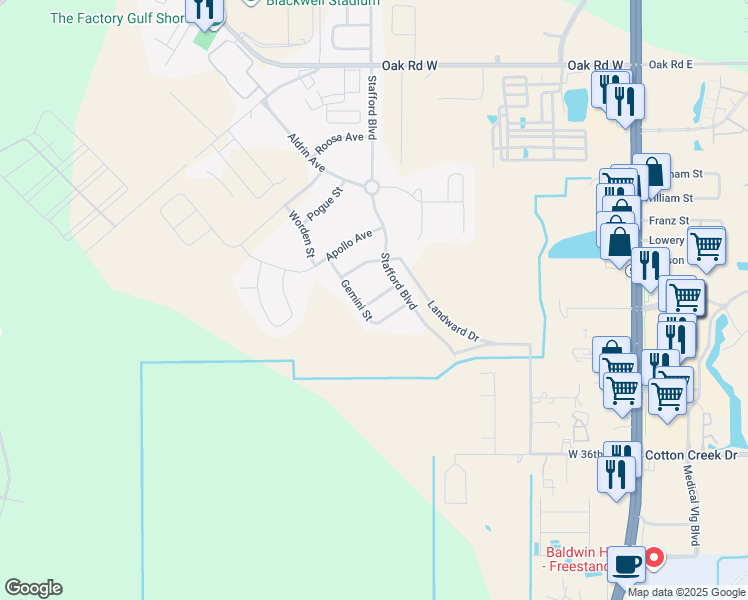 map of restaurants, bars, coffee shops, grocery stores, and more near Haise Lane in Baldwin County